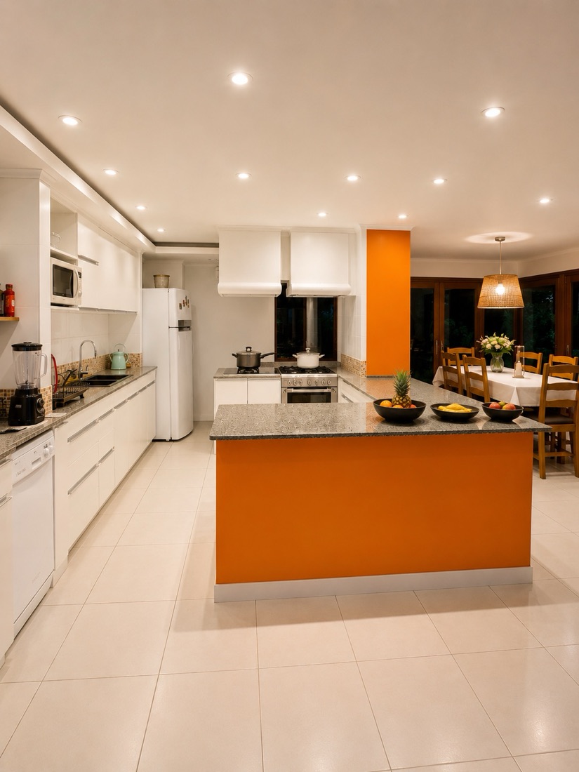 Cozinha com ilha central, aberta para a sala de jantar